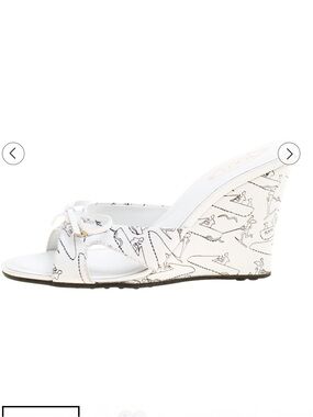 Tod's White Printed Leather Peep Toe Bow Detail Wedge Slides 37 1/2 NWOT 6.5-7